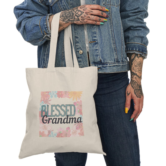 "Blessed Grandma" with Flowers Natural Tote Bag