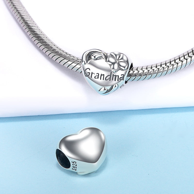 100% 925 Sterling Silver Grandma Bead Heart Charm