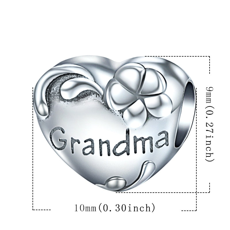 100% 925 Sterling Silver Grandma Bead Heart Charm