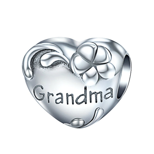 100% 925 Sterling Silver Grandma Bead Heart Charm